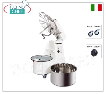 Impastatrice a Spirale da 17 Kg (vasca da lt 21), con Testa sollevabile e Vasca estraibile, Timer e Ruote di serie