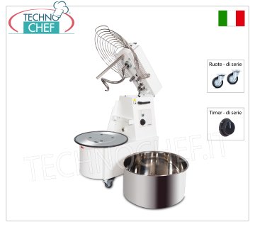 Impastatrice a Spirale da 25 Kg (vasca da lt 21), con Testa sollevabile e Vasca estraibile, Timer e Ruote di serie