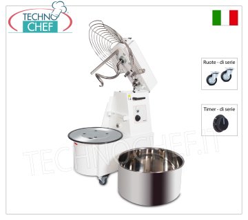 Impastatrice a Spirale da 36 Kg (vasca da lt 41), con Testa sollevabile e Vasca estraibile, Timer e Ruote di serie