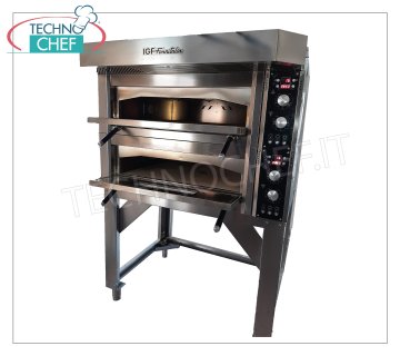 FORNO PIZZA ELETTRICO per 4+4 Pizze da 35 cm. - 2 Camere indipendenti da cm 85x72  -- OCCASIONE-SEMINUOVO Forno elettrico per pizza, per 4+4 Pizze da 35 cm, Professionale, 2 camere di cottura Indpendenti da cm ﻿85x72x17h, con platea in refrattario  - completo di cappa e cavalletto di supporto, V. 380/3+N - Kw 9,6 - dim. cm 125x94x172h