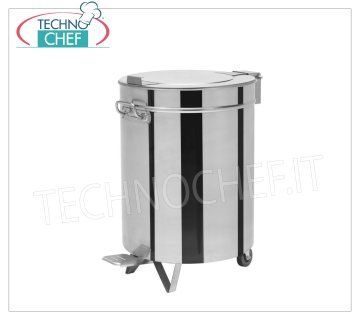 Pattumiera in acciaio inox su ruote, capacità lt.75 Pattumiera tonda in acciaio inox su ruote, coperchio con apertura a pedale, da litri 75, peso 8 Kg, dim.mm.460x610x610h