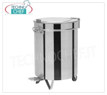 Pattumiera in acciaio inox su ruote, capacità lt.100 Pattumiera tonda in acciaio inox su ruote, coperchio con apertura a pedale, da litri 100, peso 10 Kg, dim.mm.460x610x690h