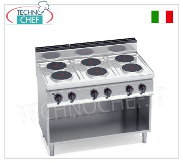 TECHNOCHEF - CUCINA ELETTRICA 6 PIASTRE su VANO a GIORNO, Kw.15,6, Mod.E7P6M CUCINA ELETTRICA 6 PIASTRE su VANO a GIORNO, BERTOS, Linea MACROS 700, Serie HIGH POWER, con 6 piastre TONDE Ø 220 mm, COMANDI INDIPENDENTI, 6 livelli di potenza, V.400/3+N, Kw.15,6 Peso 83 Kg, dim.mm.1200x700x900h