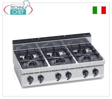 TECHNOCHEF - CUCINA a GAS 6 FUOCHI TOP, Kw.31,5, Mod.G7F6B CUCINA a GAS 6 FUOCHI  TOP, BERTO'S, Linea MACROS 700, Serie HIGH POWER, potenza termica Kw.31,5, Peso 67 Kg, dim.mm.1200x700x290h