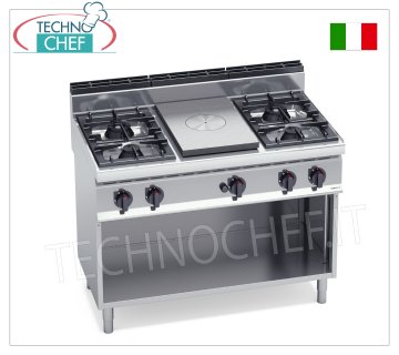 TECHNOCHEF - CUCINA COMBINATA con PIASTRA e 4 FUOCHI su VANO a GIORNO, Kw.28,00, Mod.G7T4P4FM