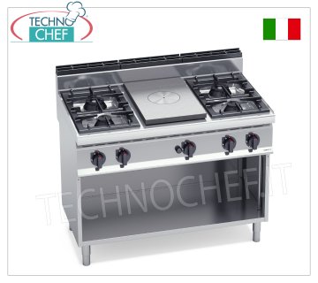 TECHNOCHEF - CUCINA COMBINATA con PIASTRA e 4 FUOCHI su VANO a GIORNO, Kw.28,00, Mod.G7T4P4FM CUCINA COMBINATA con PIASTRA a GAS e 4 FUOCHI su VANO a GIORNO, BERTOS, Linea MACROS 700, Serie HIGH POWER, potenza termica Kw 28,00, Peso 110 Kg, dim.mm.1200x700x900h