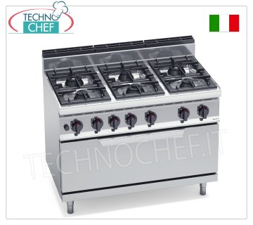 TECHNOCHEF - CUCINA a GAS 6 FUOCHI su FORNO a GAS, Kw.43,5, Mod.G7F6+T CUCINA a GAS 6 FUOCHI su FORNO a GAS, BERTOS, Linea MACROS 700, Serie HIGH POWER, potenza termica tot. Kw 43,5, Peso 140 Kg, dim.mm.1200x700x900h