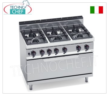 TECHNOCHEF - CUCINA a GAS 6 FUOCHI su FORNO a GAS, Kw.54, Mod.G7F6P+T CUCINA a GAS 6 FUOCHI su FORNO a GAS, BERTOS, Linea MACROS 700, Serie MAX POWER, potenza termica tot. Kw 54,00, Peso 140 Kg, dim.mm.1200x700x900h