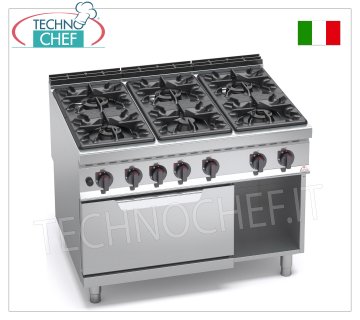 TECHNOCHEF - CUCINA a GAS 6 FUOCHI su FORNO a GAS GN 2/1,  mod. G9F6+FG CUCINA a GAS 6 FUOCHI su FORNO a GAS GN 2/1, Linea MAXIMA 900, Serie HIGH POWER, potenza termica tot. Kw.61,3, Peso 202 Kg, dim.mm.1200x900x900h