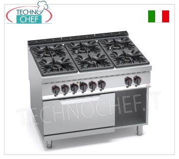 TECHNOCHEF - CUCINA a GAS 6 FUOCHI su FORNO ELETTRICO GN 2/1, Kw.53,5+7,5,  mod. G9F6+FE CUCINA a GAS 6 FUOCHI su FORNO ELETTRICO GN 2/1, BERTOS  Linea MAXIMA 900, Serie HIGH POWER, potenza termica Kw 53,5 + Kw 7,5, Peso 210 Kg, dim.mm.1200x900x900h