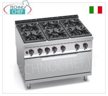 TECHNOCHEF - CUCINA a GAS 6 FUOCHI su FORNO a GAS,  mod. G9F6+T CUCINA a GAS 6 FUOCHI su FORNO a GAS, BERTOS  Linea MAXIMA 900, Serie HIGH POWER, potenza termica tot. Kw.65,5, Peso 226 Kg, dim.mm.1200x900x900h