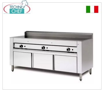 Cuocipiadina a GAS con PIASTRA di COTTURA al CROMO SATINATO, versione su Base Armadiata Cuocipiadina a gas, versione con supporto armadiato, con piastra al CROMO SATINATO da 600x600 per 4 piadine, potenza termica kw 6,7, dim. esterne mm 650x730x960h