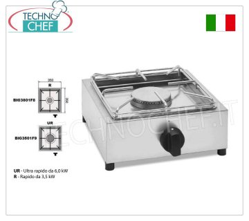 Technochef - Fornello gas professionale da tavolo, 1 fuoco FORNELLO A GAS da TAVOLO con 1 FUOCO PROFESSIONALE in ACCIAIO INOX funzionante a gas universale, con 1 BRUCIATORE RAPIDO da kw 3,5, peso 5,9 kg, dimensioni mm 350x350x170h