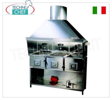 GRIGLIA ROMAGNA - Griglia/Cucina Romagna a carbone vegetale con 3 bracieri Griglia Romagna a carbone vegetale con 3 bracieri, completa di cappa aspirante con relativo motore, supporto base verniciato nero e gabbia in legno, V.230/1, Kw.0,75, Peso 200 Kg, dim.mm.1620x850x2410h.