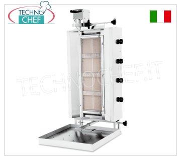 GYROS a GAS con 4 bruciatori indipendenti, asta di cottura alta 700 mm completa di piatto GYROS a GAS in ACCIAIO INOX con 4 bruciatori indipendenti, asta di cottura alta 700 mm completa di piatto (in dotazione), V.230/1, potenza termica kw 13,6, potenza elettrica kw 0,025, dimensioni mm 600x702x1190h