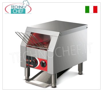 TOSTIERA a NASTRO 'Roller Toast' in acciaio inox TOSTIERA A NASTRO costruita in ACCIAIO AISI 304, tappeto in ACCIAIO AISI 304 di dimensioni 185x500 mm, motore auto-ventilato, RESISTENZE CORAZZATE, PRODUZIONE ORARIA da 65 a 360 pezzi, V.230/1, kw 1,3, dimensioni mm 238x294x360h