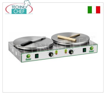 Technochef  -  Crepiera Elettrica Professionale, 2 Piastre in Ghisa Ø 350 mm, Mod.CRP2N CREPIERA ELETTRICA da tavolo con 2 PIASTRE DI COTTURA in GHISA e SUPERFICIE MULTIRIGHE ANTISCIVOLO DIAMETRO 350 MM, controllo termostatico della temperatura di cottura, V.400/3+N, Kw.2,4+2,4, Peso 23 Kg, dimensioni esterne mm.760x370x140h.