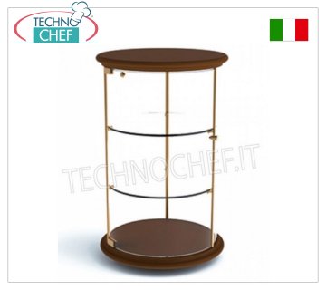 Vetrine espositive neutre da banco Vetrina espositiva neutra da banco, Linea RONDO', con base e top in legno color CILIEGIO, struttura in metallo ORO LUCIDO,piano di fondo e 2 ripiani intermedi in cristallo, cilindro e portine in plexiglass,dim.mm.350x350x560h