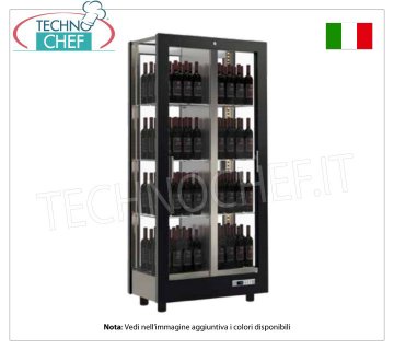 CANTINETTA-TECA per VINI, capacità 128 bottiglie Verticali, Statica-Ventilata, 4 Lati Vetro per ISTALLAZIONE CENTRALE TECA per VINI con TELAIO A CORNICE in LEGNO colore NERO OPACO, VETRI SU TUTTI I LATI, cap.128 bottiglie VERTICALI,Freddo STATICO o VENTILATO, temp.+4°/+16°C,per VINI BIANCHI o ROSSI,porte sui 2 fronti,V.230/1,Kw.0,424,Peso 130 Kg,dim.mm.860x530x1893h