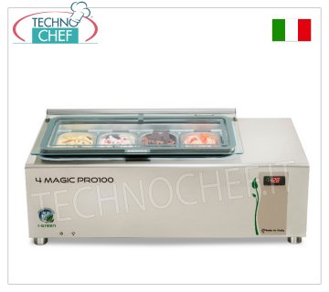 VETRINA ESPOSITIVA in ACCIAIO INOX per GELATO, completa di COPERCHIO in vetro temprato VETRINETTA/CONSERVATORE in ACCIAIO INOX 18/10, coperchio in vetro temperato con REFRIGERAZIONE STATICA, temperatura d'esercizio -10°/-16 °C, capacità 4 vaschette da 2,5 l, V 230/1, kw 0,2, dimensioni mm 1000x450x380h