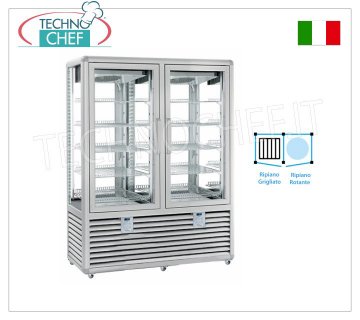 Vetrina Refrigerata per Pasticceria, Temp.+5°-20°C, 2 Porte, lt.848, Mod.CGL900G2T/RG2T Vetrina multitemperatura da +5° a -20°C per pasticceria 2 porte, refrigerazione ventilata, Linea Curve, con 4 lati espositivi, 5 ripiani grigliati + 5 ripiani rotanti, capacità lt 848, V.230/1, Kw.0,75+0,75, Peso 329 Kg, dim.mm.1380x620x1860h