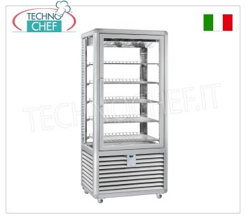 TECHNOCHEF - Vetrina Refrigerata per Pasticceria, Temp.+5°-20°C, 1 Porta, lt.541, Mod.CGL600G2T Vetrina multitemperatura da +5° a -20°C per pasticceria 1 porta, refrigerazione ventilata, Linea Curve, con 4 lati espositivi, 5 ripiani rettangolari da mm 747x445, capacità lt 541, V.230/1, Kw.0,85, Peso 205 Kg, dim.mm.900x620x1860h