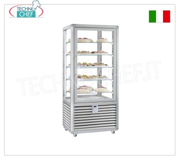 Vetrina Refrigerata Pasticceria 1 Porta, 4 lati espositivi, 5 ripiani rettangolari, Linea CURVE Vetrina  refrigerata per Pasticceria 1 porta, Linea CURVE, con 4 lati espositivi, 5 ripiani rettangolari in vetro, capacità lt.541, temperatura d'esercizio +4°/+10°C, refrigerazione ventilata, V.230/1, Kw.0,54, Peso 176 Kg, dim.mm.900x620x1860h