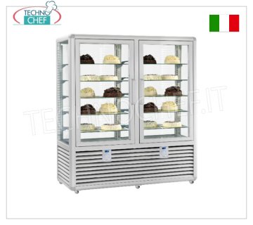 Vetrina Refrigerata Pasticceria 2 Porte, 4 lati espositivi,10 ripiani rettangolari, Linea Curve Vetrina refrigerata per Pasticceria 2 porte, Linea CURVE, con 4 lati espositivi, 10 ripiani rettangolari in vetro, capacità lt.1.082, temperatura +4°/+10°C, refrigerazione ventilata, V.230/1, Kw.0,54+0,54, Peso 318 Kg, dim.mm.1750x620x1860h