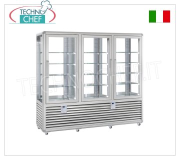 Vetrina Refrigerata Pasticceria 3 Porte, 4 lati espositivi, 15 ripiani rettangolari, Linea CURVE