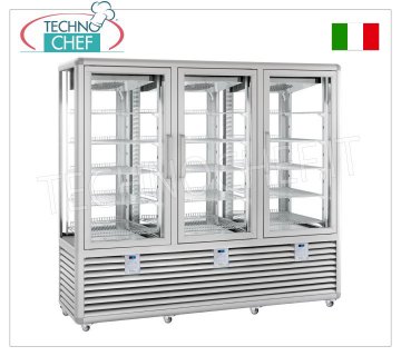 TECHNOCHEF - Vetrina Refrigerata per Pasticceria,Temp.+5°-20°C, 2 Porte, lt.1388, Mod.CGL1300G/G/G2T Vetrina multitemperatura da +5° a -20°C per pasticceria 3 porte, refrigerazione ventilata, Linea Curve, con 4 lati espositivi, 15 ripiani rettangolari da mm 565x445, capacità lt.1388, V.230/1, Kw.0,75+0,75+0,75, Peso 478 Kg, dim.mm.2050x620x1860h