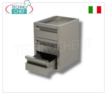 Cassettiera in acciaio inox AISI 304 con 3 cassetti su guide, Linea 600/700 Cassettiera in acciaio inox con 3 cassetti su guide telescopiche, in VERSIONE DA INCASSO, per tavoli profondi 600 mm, dimensioni mm. 400x580x540h