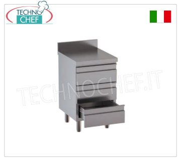 Cassettiera inox AISI 304 con 3 cassetti su guide e piano di lavoro con alzatina, Linea 600/700