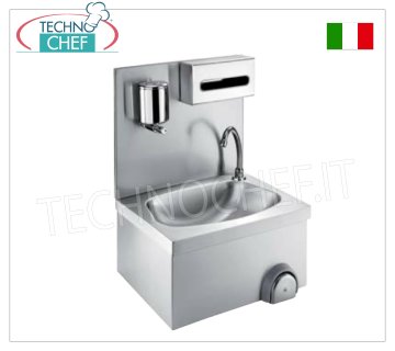 Lavamani in acciaio inox con schienale, installabile a parete Lavamani inox a parete con schienale, vasca semicircolare completa di comando a ginocchio ed erogatore, portasapone e portasalviette dimensioni, mm. 500x400x520h