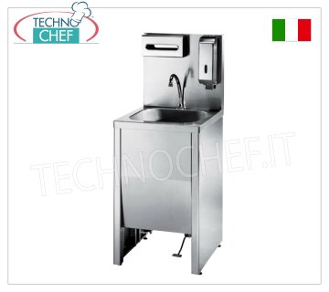 Lavamani inox armadiato con schienale alto e comando a pedale Lavamani in acciaio inox su armadio con vasca da mm. 400x400x250h, completa di: schienale, comando a pedale con miscelatore ed erogatore, portasapone e portasalviette, dimensioni mm. 500x600x1270h