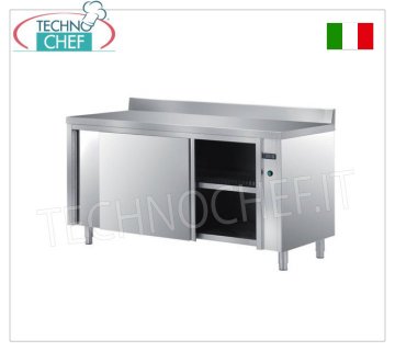 TECHNOCHEF - Tavolo armadio caldo inox 304, con porte scorrevoli ed alzatina, Profondo cm 60