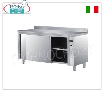 TECHNOCHEF - Tavolo armadio caldo inox 304, con porte scorrevoli ed alzatina, Profondo cm 60 Tavolo armadiato Caldo inox 304, elettrico ventilato con alzatina, 2 porte scorrevoli tamburate e ripiano intermedio regolabile, termostato digitale, V 230/1, Kw 2,5, dimensioni mm 1200x600x850h