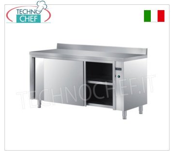 TECHNOCHEF - Tavolo armadiato caldo inox AISI 304 con alzatina, Porte scorrevoli, Profondo cm. 70