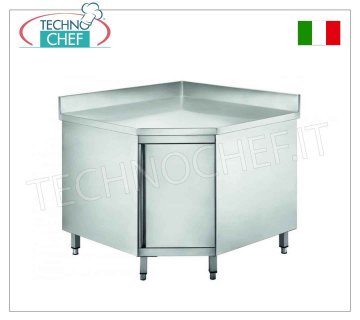 Tavolo armadiato inox ad angolo con porta a battente ed alzatina, Linea 600 Tavolo armadiato inox ad angolo con porta a battente ed alzatina, Linea 600, dim.mm 900x900x600x950h