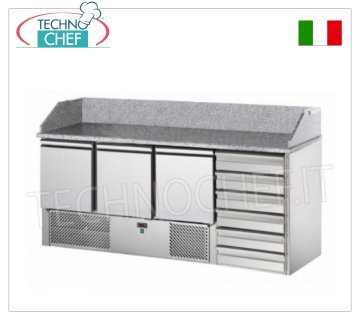 Banco pizza Refrigerato, GN,  3 Porte, 6 Cassetti, Piano in Granito con Alzatina, Ecologico BANCO PIZZA REFRIGERATO GN, 3 PORTE, CASSETTIERA 6 Cassetti, Piano in GRANITO, Ventilato temp.+4°/+10°C,  ECOLOGICO,  V.230/1, Kw.0,3, peso 227 Kg, dim.mm.1900x700x1070h