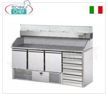 Banco Pizza Refrigerato, 3 Porte, 6 Cassetti, Vetrina Ingredienti, dim.mm.1900x700x1525h