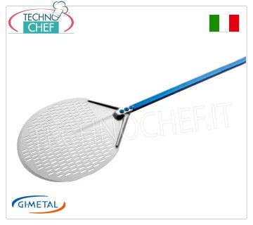 Gi.Metal - Pala pizza tonda forata in alluminio, Linea Azzurra, lunghezza manico cm 120 Pala pizza tonda forata in lega di alluminio, Linea Azzurra, leggera, flessibile e resistente, diametro 300 mm, lunghezza manico 1200 mm.