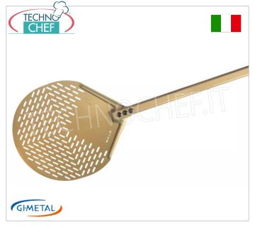 Pala pizza tonda forata in alluminio, Linea Gold, lunghezza manico cm 150