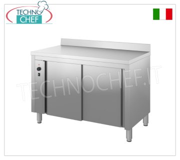 TECHNOCHEF - Tavolo armadio caldo inox 304, con porte scorrevoli ed alzatina, Profondo cm 60