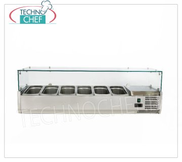 Vetrina Portaingredienti Pizza, refrigerata, Lunga cm 140, per 6 bacinelle GN 1/4 VETRINA REFRIGERATA orizzontale INOX per INGREDIENTI PIZZA, versione con vetri dritti, temp. +2°/+8 °C, linea con PROFONDITA' 335 mm. per 6 bacinelle GN 1/4, V 230/1, Kw 0,145, Peso Kg 64, dim. mm. 1400x335x435h.