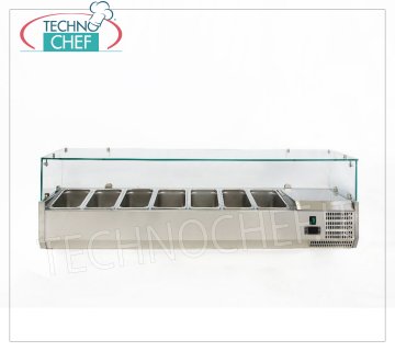 Vetrina PortaIngredienti Pizza, Refrigerata, Lunga cm 150, per 7 bacinelle GN 1/4 VETRINA REFRIGERATA orizzontale INOX per INGREDIENTI PIZZA, versione con vetri dritti, temp. +2°/+8 °C, linea con PROFONDITA' 335 mm. per 7 bacinelle GN 1/4, V 230/1, Kw 0,145,  Peso Kg. 64, dim. mm. 1500x335x435h.