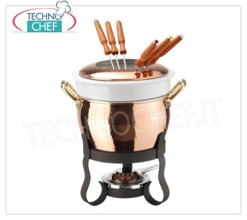 Technochef - Set Fonduta in RAME Stagnato internamente, 11 pezzi Set fonduta in RAME con forchettine incluse, interno Stagnato, Serie 15400, diametro 160 mm, altezza 260 mm.