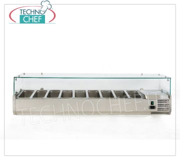 Vetrine Portaingredienti Pizza, Refrigerata, Lunga cm 180, per 9 bacinelle GN 1/4 VETRINA REFRIGERATA orizzontale INOX per INGREDIENTI PIZZA, versione con vetri dritti, temp. +2°/+8 °C, linea con PROFONDITA' 335 mm. per 9 bacinelle GN 1/4, V 230/1, Kw 0,145,  Peso Kg. 64, dim. mm. 1800x335x435h.