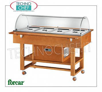 Carrelli refrigerati espositori Carrello espositore refrigerato in legno color NOCE o WENGE', marca FORCAR, completo di cupola in plexiglass e 2 mensole d'appoggio, capacità 4 bacinelle GN 1/1 (escluse), temp.-5°/+5°C, refrigerazione statica, V.230/1,Kw.0,25, dim.mm.1480x1120x1250h