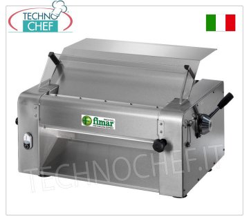 Sfogliatrice con 1 coppia rulli INOX 304 Lucidi da Tavolo SFOGLIATRICE-Stendipizza con 1 COPPIA DI RULLI in ACCIAIO INOX per pizza e pasta all'uovo, LUNGHEZZA RULLI 320 mm, V 230/1, kW 0,37, dim. mm 580x480x400h