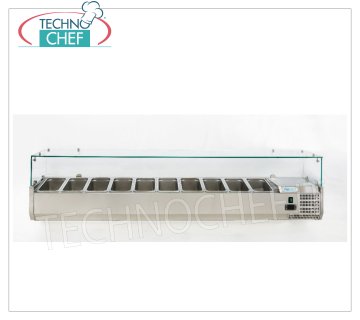 Vetrine Portaingredienti Pizza, Refrigerata, Lunga cm 200, per 10 bacinelle GN 1/4 VETRINA REFRIGERATA orizzontale INOX per INGREDIENTI PIZZA, versione con vetri dritti, temp. +2°/+8 °C, linea con PROFONDITA' 335 mm. per 10 bacinelle GN 1/4, V 230/1, Kw 0,145,  Peso Kg. 70, dim. mm. 2000x335x435h.